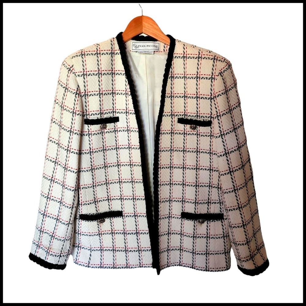 Vintage‎ Evan Picone Saks Fifth Avenue Blazer Cream Checked M Medium